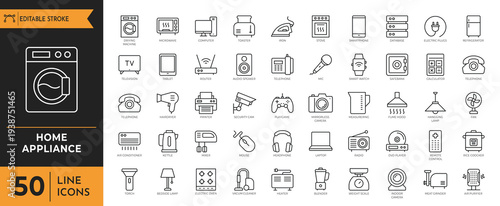A collection of line icons depicting various home appliance objects and devices on a white surface