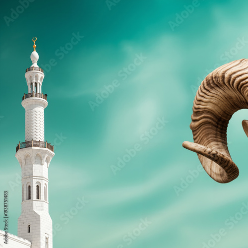 White mosque minaret and large curved ram horn against a clear bright turquoise sky