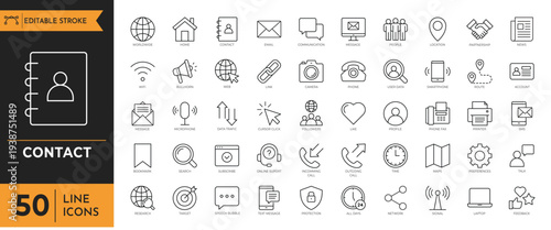 A set of fifty line icons depicting various communication and technology symbols is displayed.