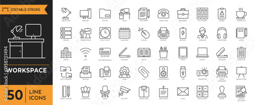 A collection of 50 line icons depicting various workspace and technology related objects on a white background.