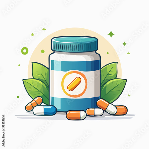 Illustration of a vitamin supplement bottle with capsules and leaves.