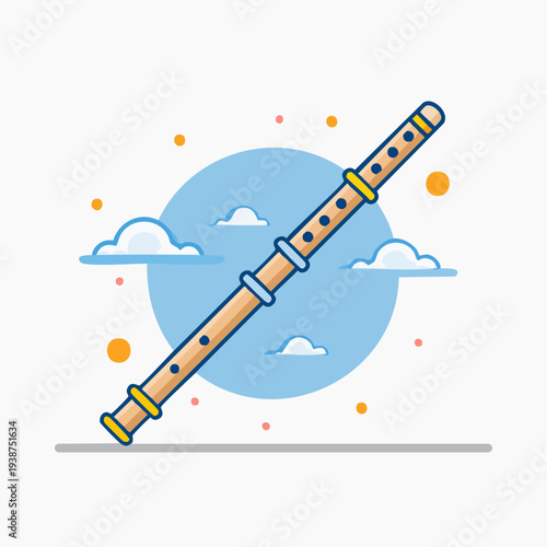 Illustration of a wooden recorder musical instrument with clouds and sun.