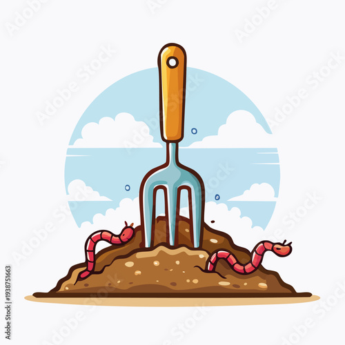 Illustration of Gardening Fork with Worms in Soil.