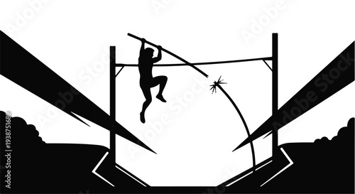 pole vaulter silhouette jumping over hurdle