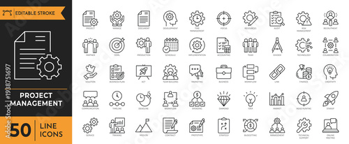A collection of various business and technology icons on a white background for project management.