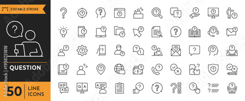 An illustration of various question and answer icons in a line icons set on a plain background