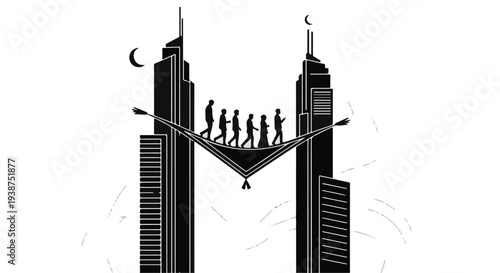 group of people on a tightrope between skyscrapers at night