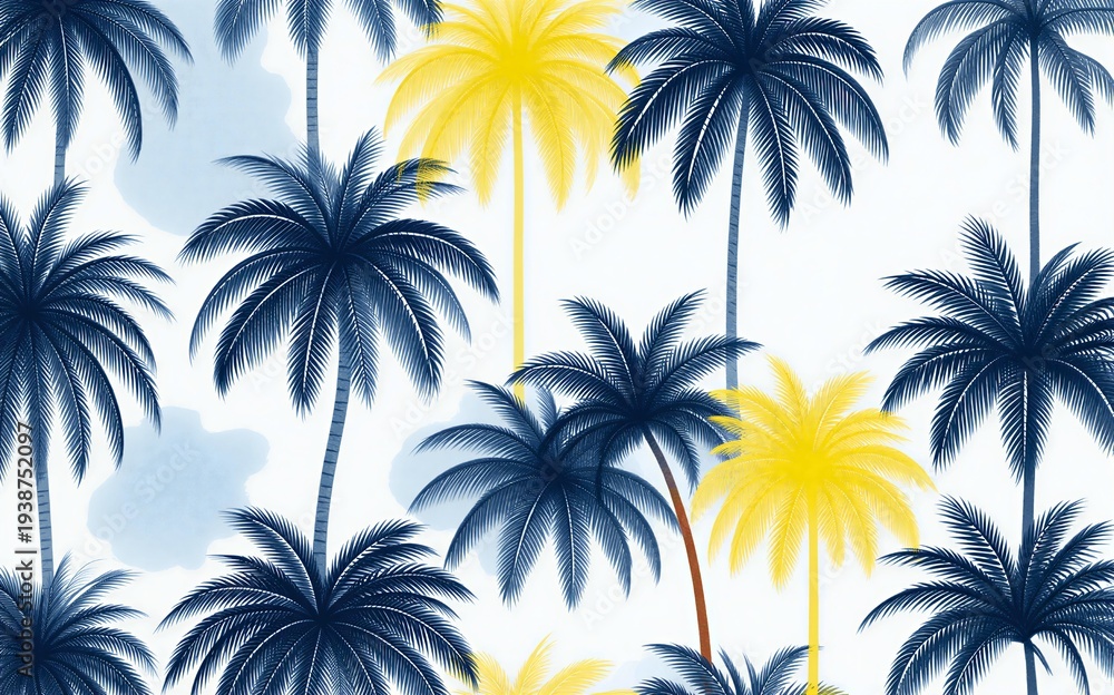 Obraz premium Tropical palm trees in navy and yellow serene beach vibe.