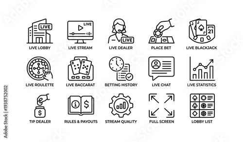 Live casino icons set: streaming, games, and betting tools