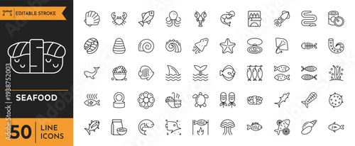 A variety of seafood icons including fish, shrimp, and oysters are illustrated.