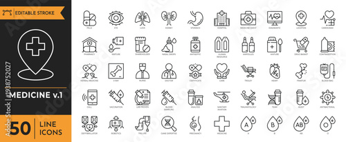 A collection of medical icons depicting various healthcare symbols and objects.