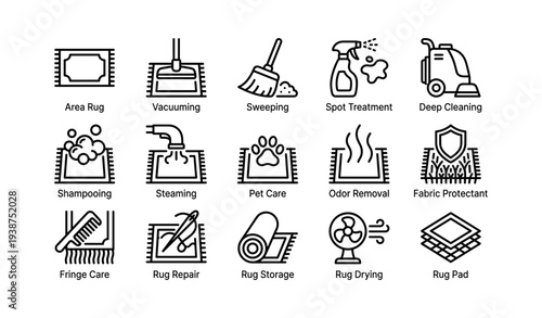Icons illustrating rug care techniques: cleaning, treatment, and maintenance
