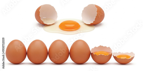 Realistic Brown Chicken Eggs Collection with Whole, Cracked and Raw Egg Yolk Isolated on White Background for Food and Cooking Design