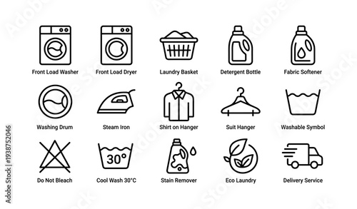Laundry icons set featuring washer, dryer, detergent, iron, and eco-friendly symbols
