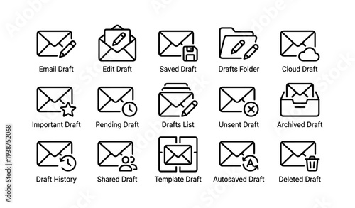 Email draft icons collection: editing, saving, cloud, and more options