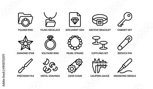 Minimalist black line icons of jewelry and tools on white background