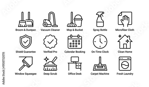 Home cleaning and maintenance icons: tools for a spotless environment