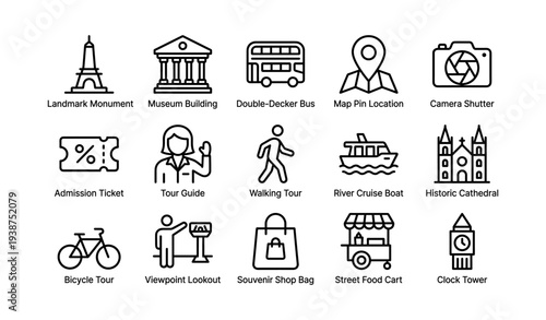 Tourism icons: monument, museum, bus, map, camera, ticket, guide, boat, cathedral, bicycle, viewpoint, souvenir, street food, clock tower