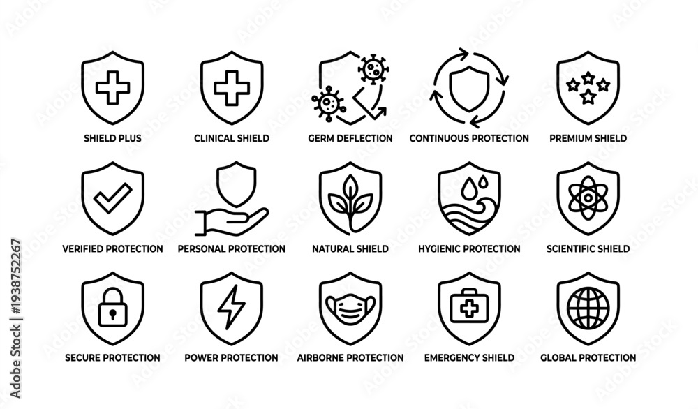Fototapeta premium Set of 16 outline shield icons for protection and safety concepts