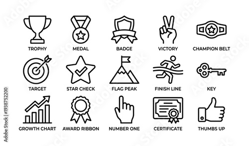 Set of 16 line icons: trophy, medal, badge, victory, and champion belt