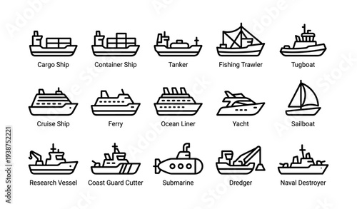 Icons of various ships and boats: cargo, container, tanker, trawler, tug, cruise, ferry, liner, yacht