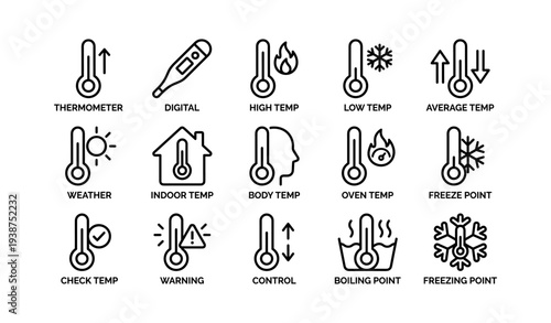 Temperature icon set: thermometer, weather, indoor, body, digital, high, low, freezing, boiling