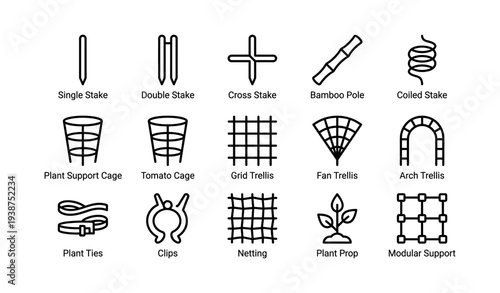 Gardening tools icons: stakes, cages, trellises, ties, clips, netting