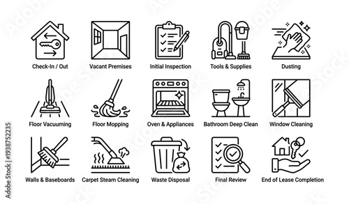 Comprehensive cleaning process with tools and services icons