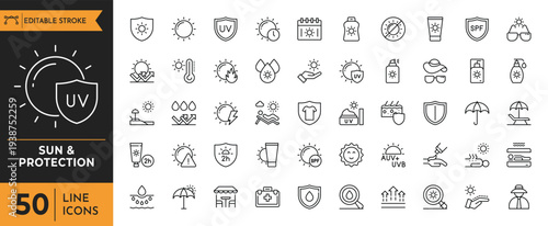A collection of sun protection icons and symbols on a white background
