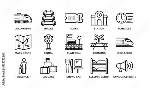 Railway icons: modern train, station, ticket, signal, luggage