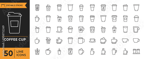 A collection of various coffee cups and mugs are displayed in a line icon set.
