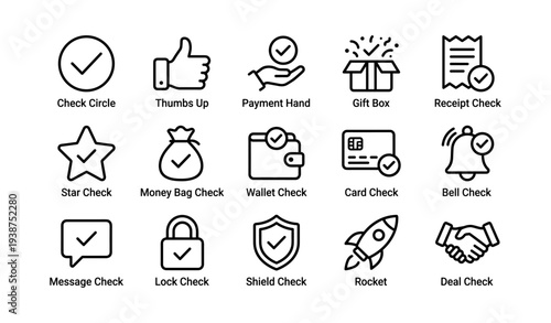 Icons set: check circle, thumbs up, payment, gift box, receipt