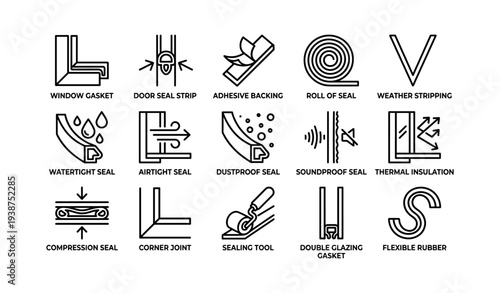 Seal types: door, window, and gasket icons for thermal and soundproofing solutions
