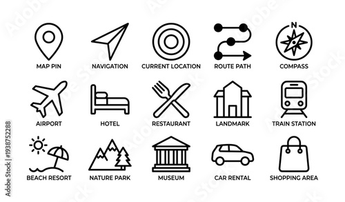 Navigation and travel icons: map pin, compass, airplane, and more illustrations