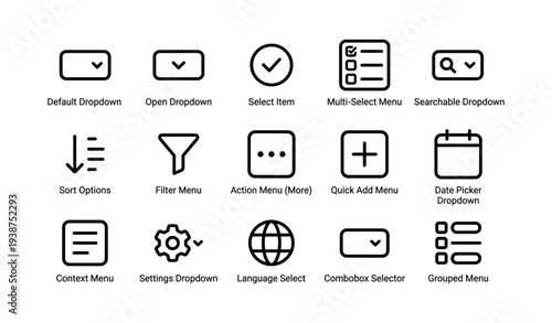 User interface icons for dropdowns, menus, and filters