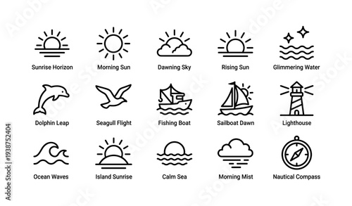 Nautical icons of sunrise, boats, and marine life with calm ocean and lighthouse