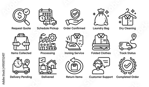 Laundry service icons: pickup, dry cleaning, delivery, order status