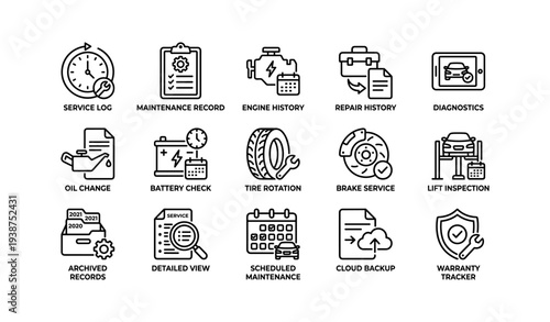 Vehicle maintenance icons: service log, engine history, tire rotation, brake service, warranty tracker