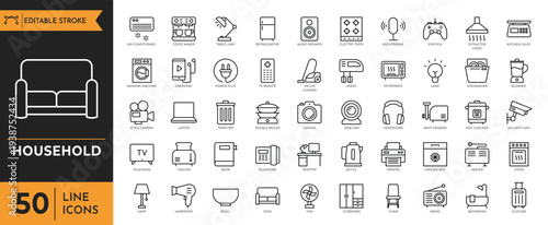 Household items icons are shown in a detailed illustration style.