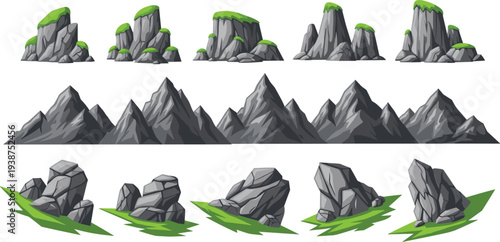 Rock and Mountain Formation Collection with Cliffs, Peaks, and Stone Boulders Cartoon Style Vector Illustration Set for Game Assets, Nature Landscape, and Environment Design