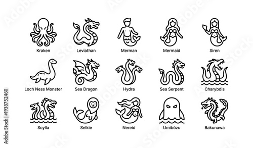 Icon set of mythical sea creatures: kraken, hydra, merman, mermaid, loch ness monster and more
