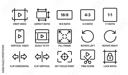 Video editing icons for crop, scale, rotate, and trim with aspect ratios