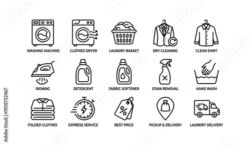 Laundry icon set: washing, drying, ironing, detergent, delivery services