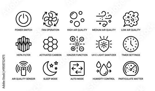Air purifier icons: functions and settings symbols for clean air devices