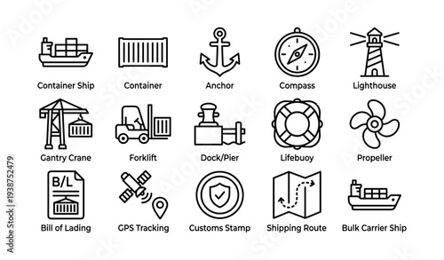 Maritime icons: ship, container, anchor, compass, lighthouse, crane, dock, lifebuoy, propeller