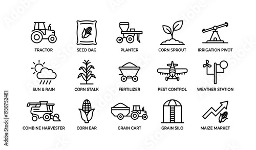 Modern agriculture icons: equipment, crops, and weather monitoring tools