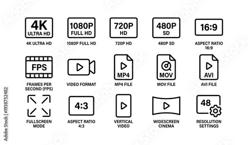 Video formats and resolution icons: 4k, 1080p, 720p, 480p, aspect ratios, and file types