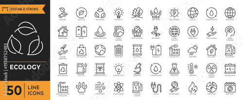 Ecology icons showcase various sustainable living symbols on a clean background