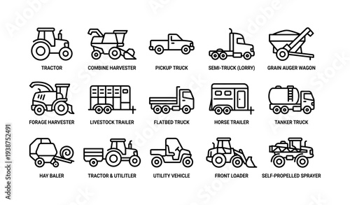 Set of agricultural and transport vehicle icons - tractors, trailers, trucks
