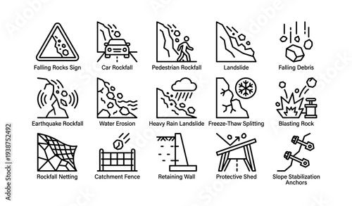Rockfall and landslide hazard icons for safety awareness and prevention